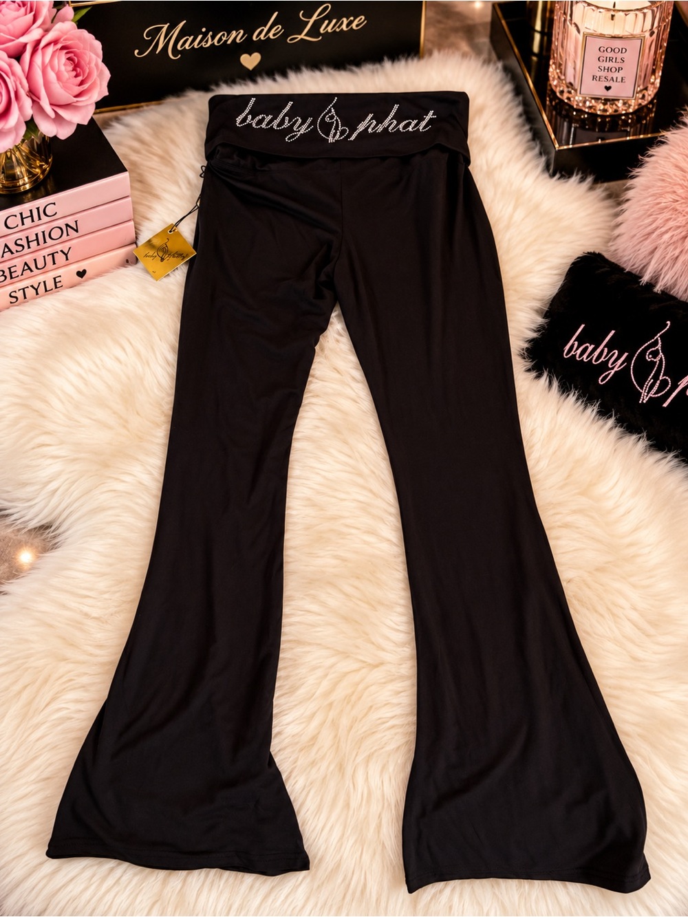Baby Phat Black Rhinestone Logo Foldover Waist Flare Leggings Pants XL NWT